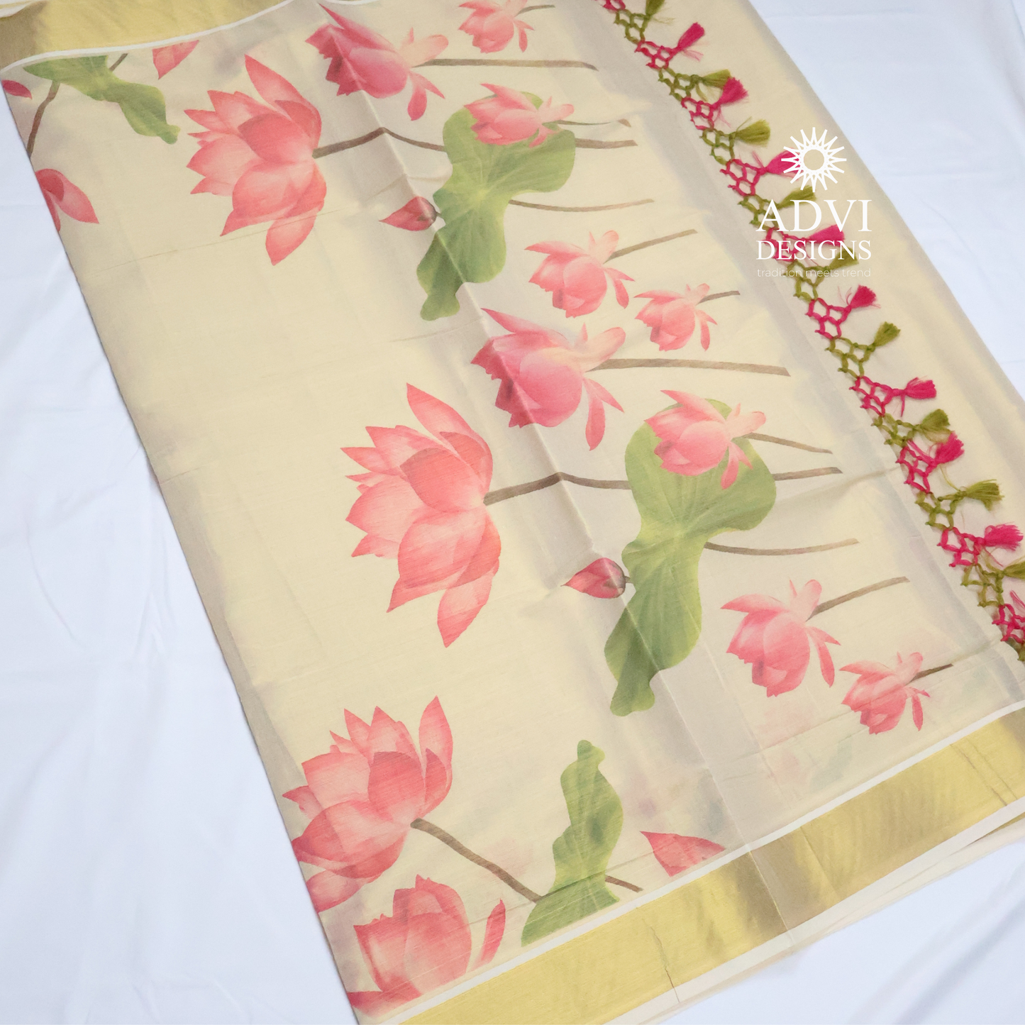 Premium Tissue Lotus Digital Printed Set Saree with Gold Zari Border & Running Blouse