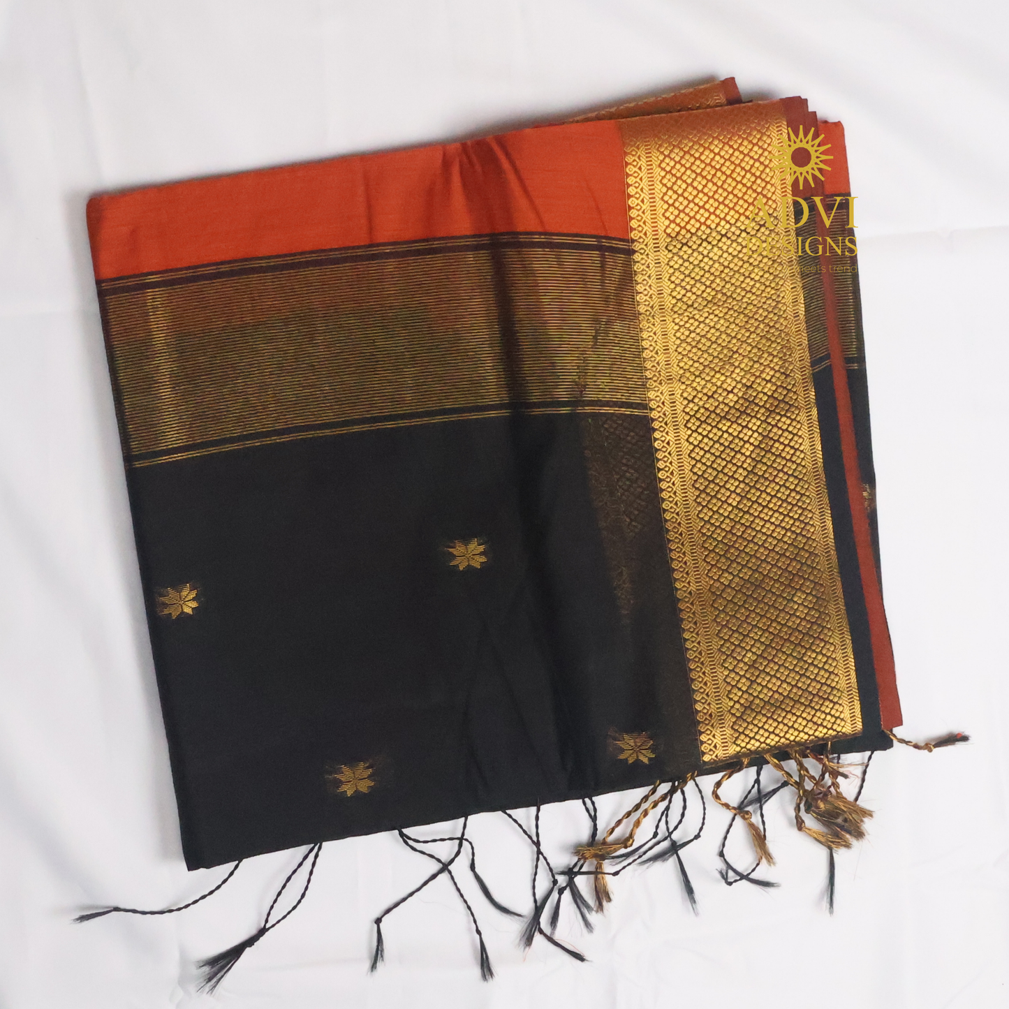 Maheshwari Silk Cotton Saree in Brick Orange with Black Contrast Pallu & Black Blouse | Gold Woven Motifs