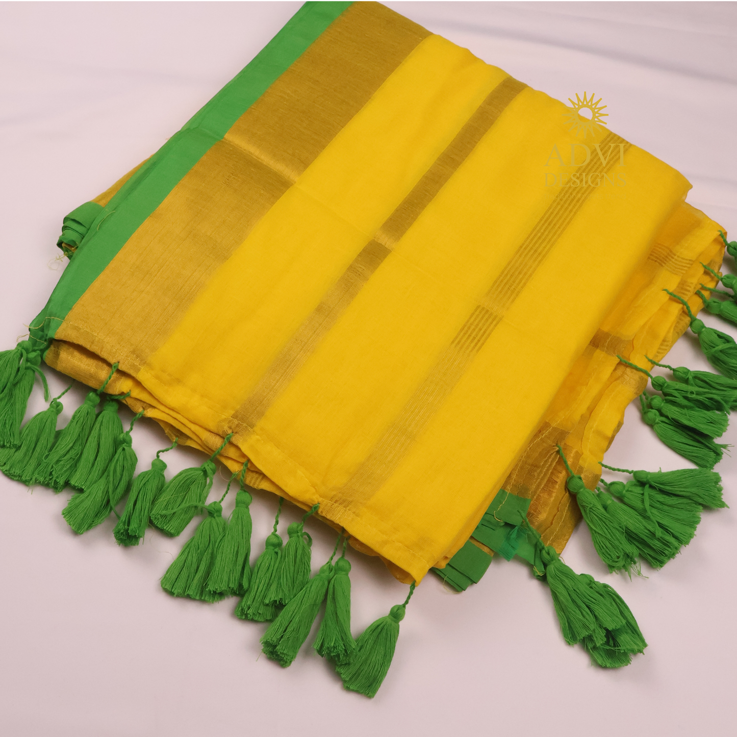 120 Count Mul Cotton Zari Stripe Saree in Sunshine Yellow with Emerald Green Border & Tassels