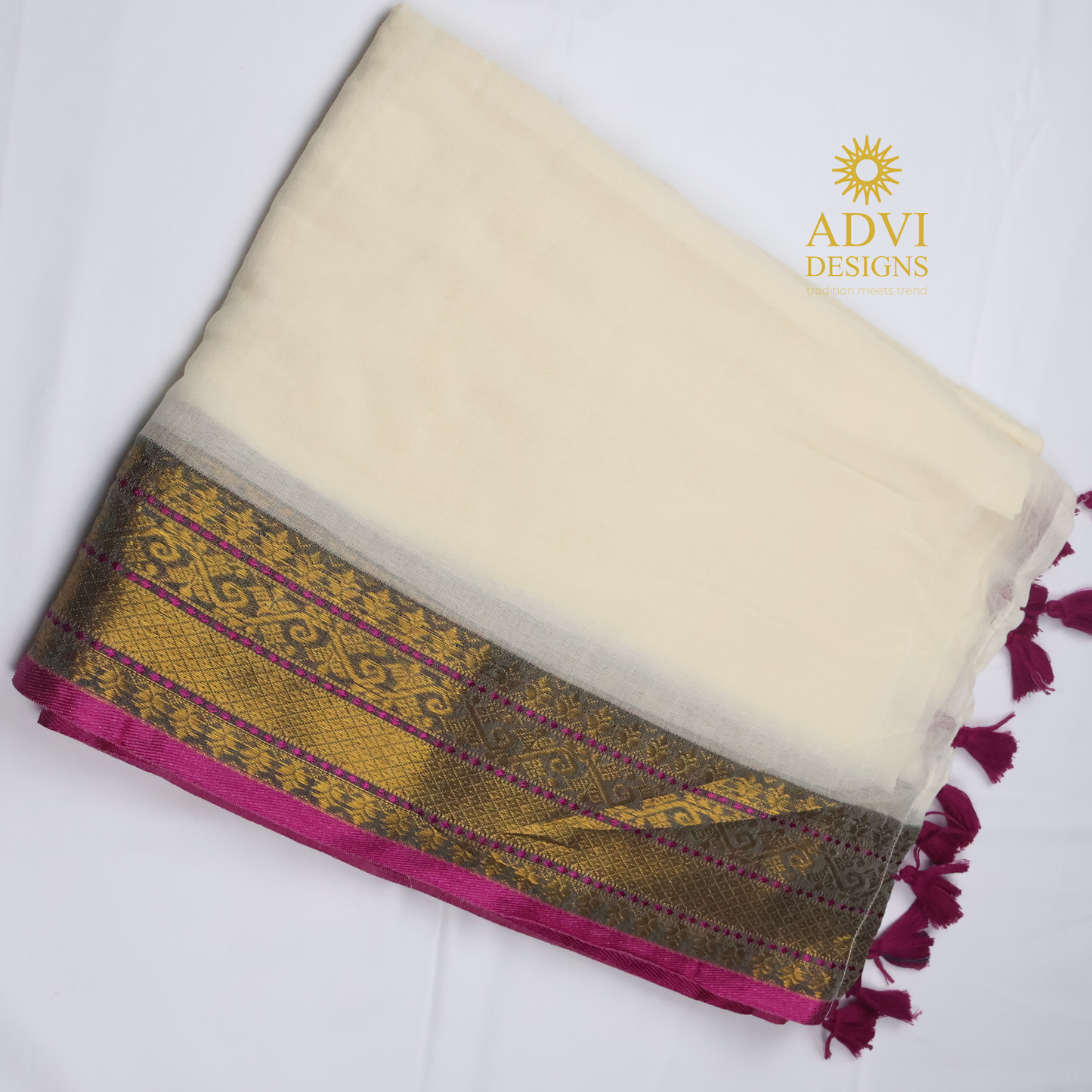 Premium Mul Cotton Saree in Ivory White with Antique Gold & Magenta Zari Border and Blouse