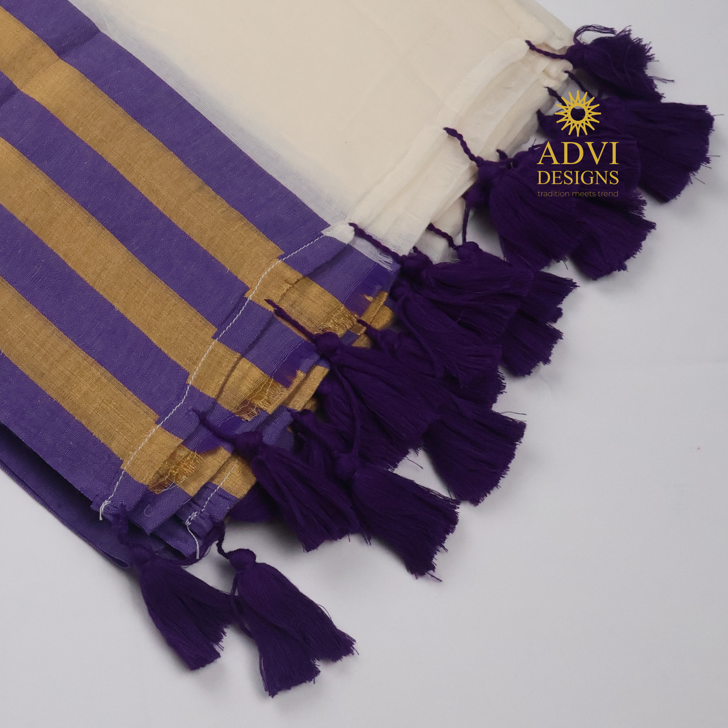 Premium 120 Count Mul Cotton Saree in Ivory White with Purple & Antique Gold Kanchi Border