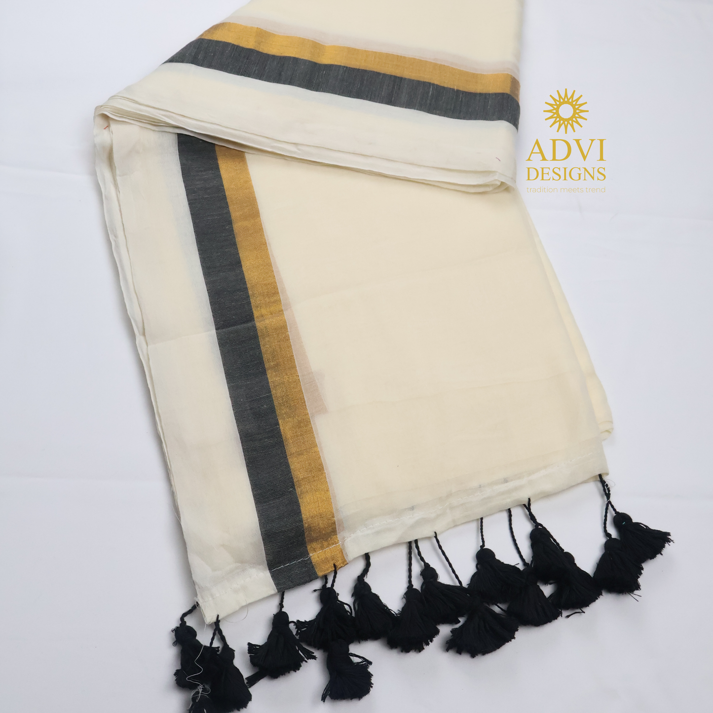 Premium Off White Mul Cotton Saree with Black & Gold Kasavu Border and Black Tassels