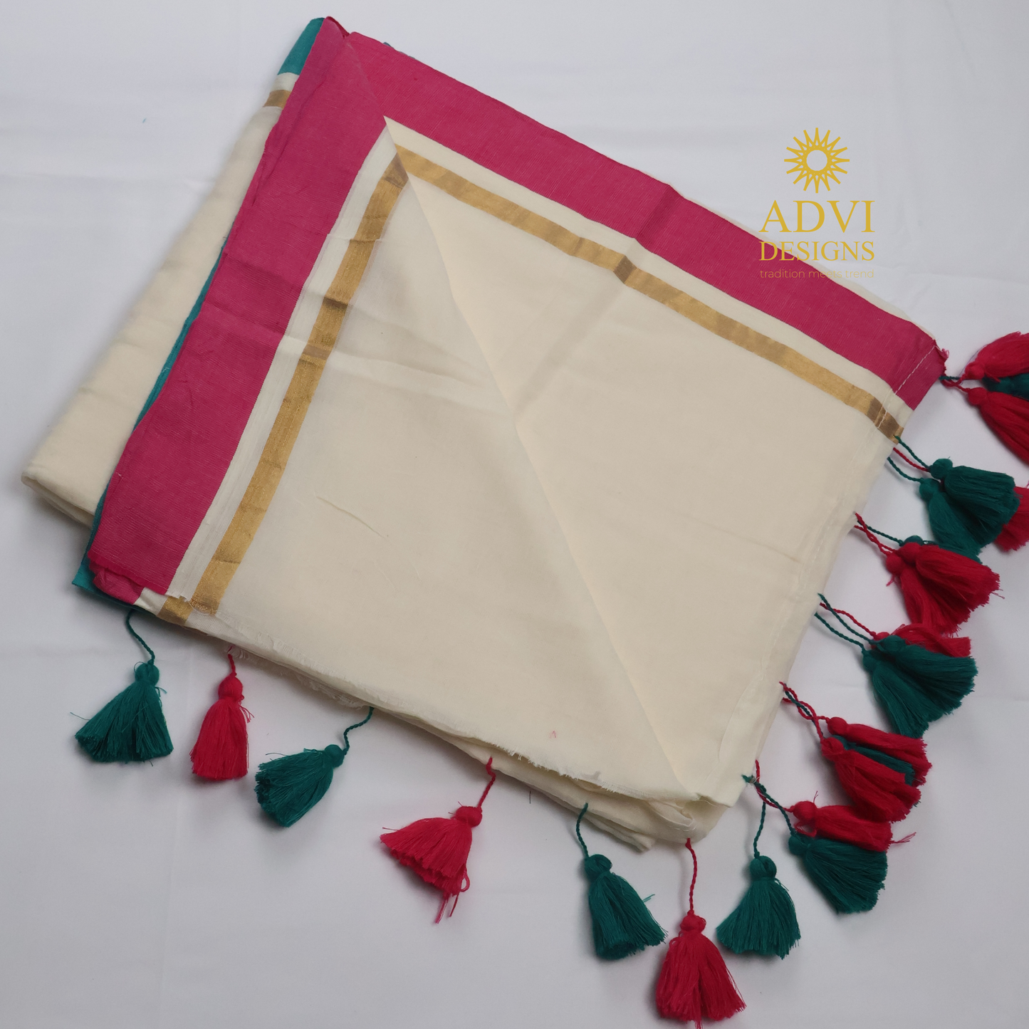 Premium Off White Mul Cotton Saree with Teal Blue & Pink Contrast Border and Gold Zari Accents