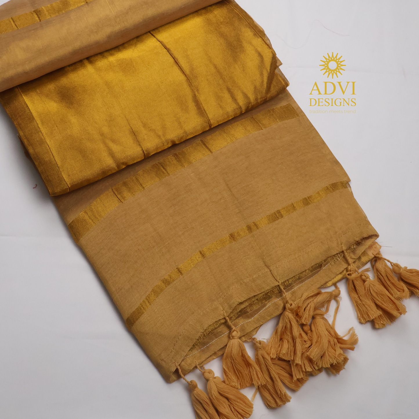 Premium Golden Beige Mul Tissue Saree with Gold Zari Border and Rich Tissue Pallu