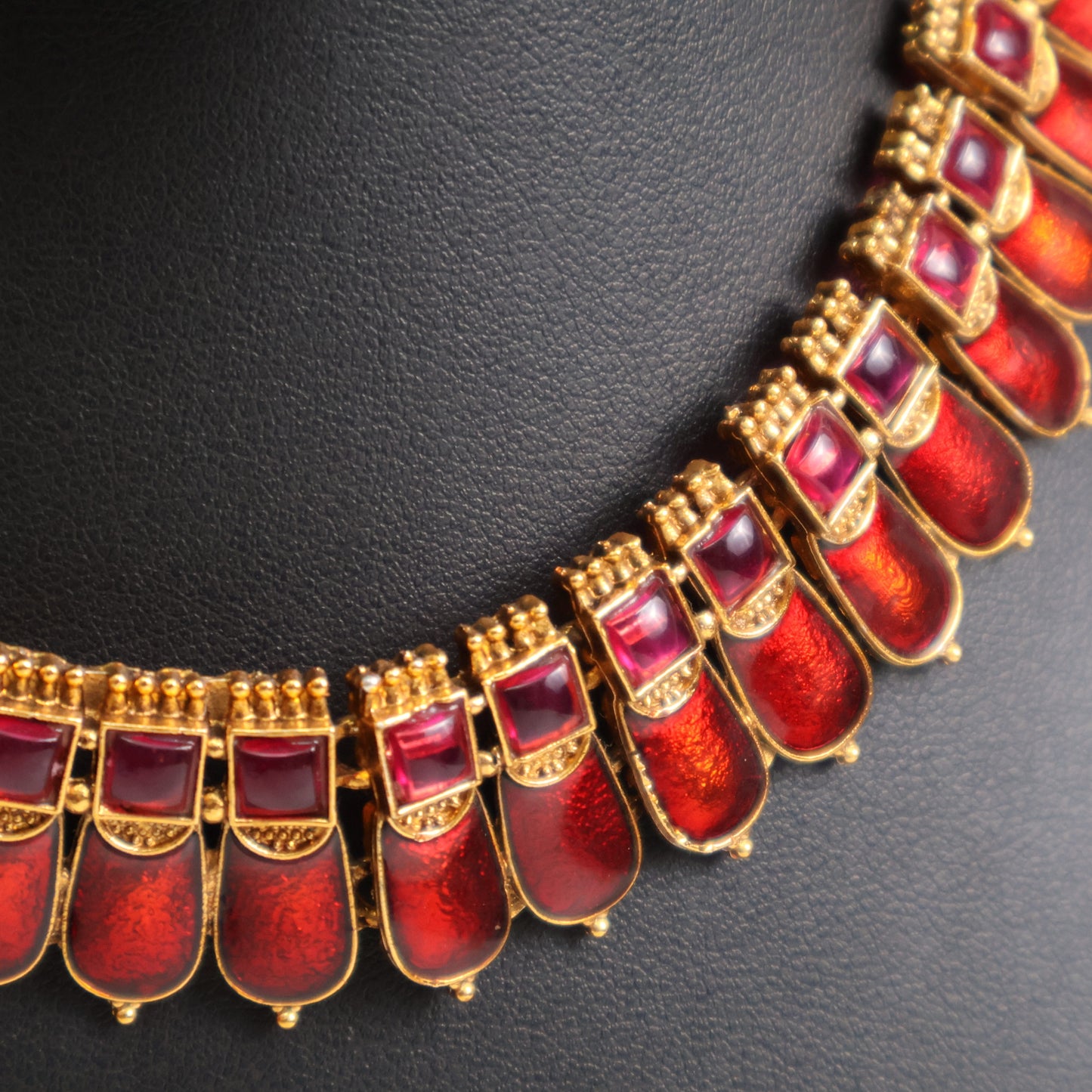 Ruby Red Antique Gold Statement Necklace Set with Pearl Drop Earrings