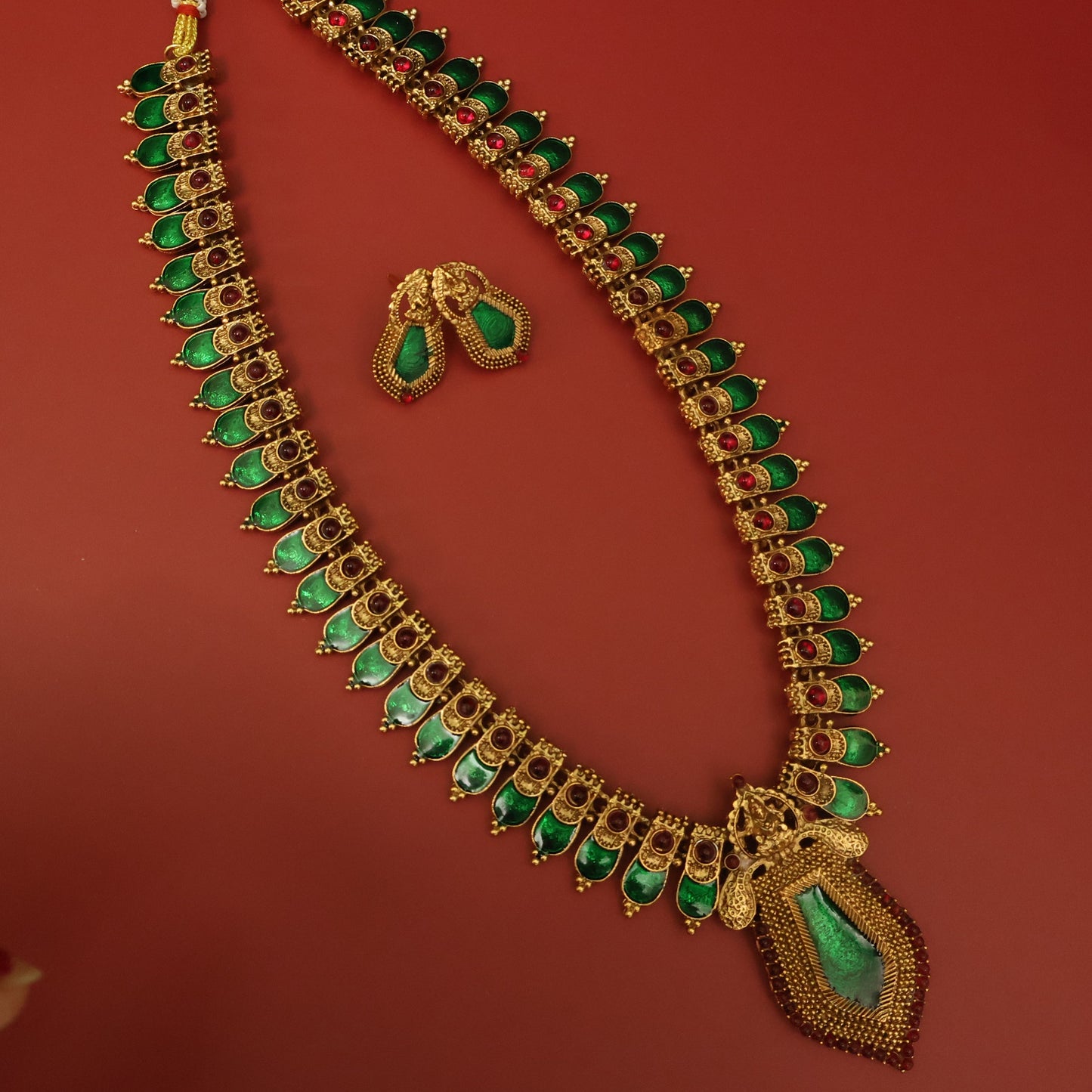 Antique Green Kemp Stone Lakshmi Haram Set with Statement Pendant