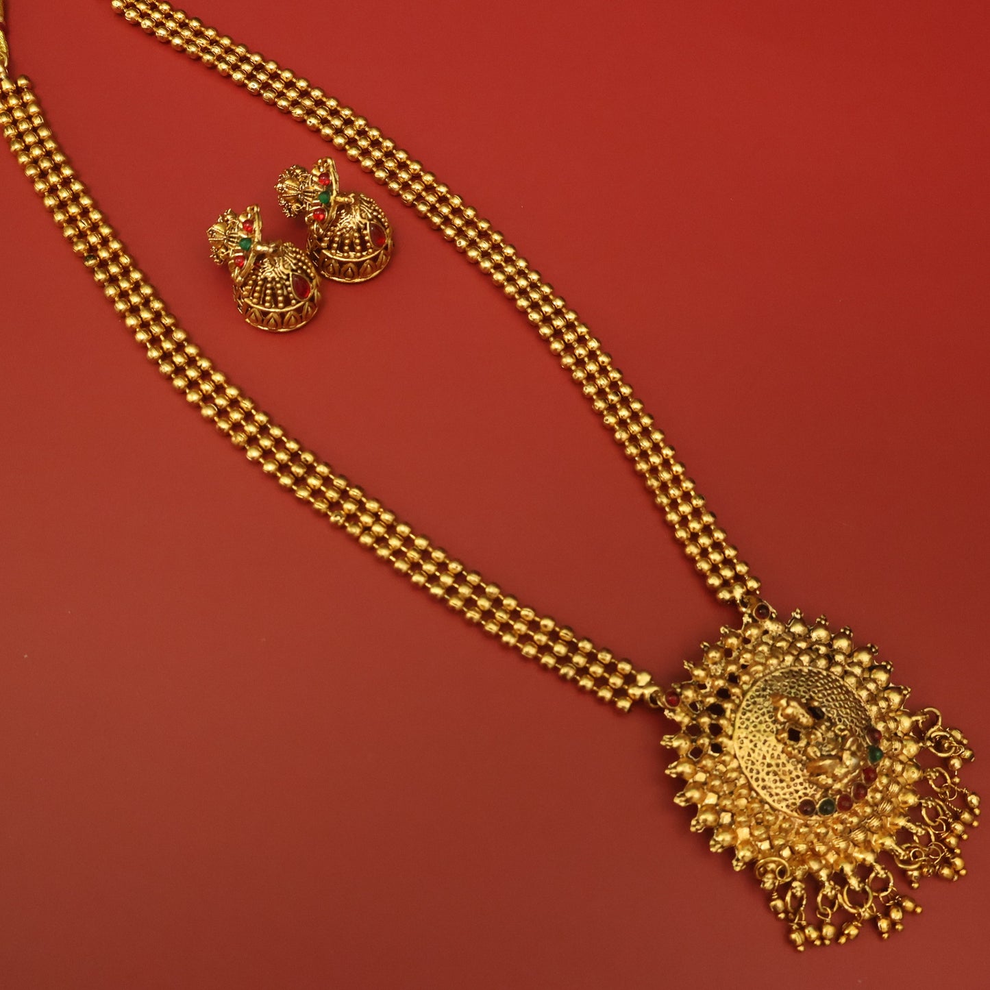 Antique Lakshmi Pendant Long Haram Set with Traditional Jhumkas