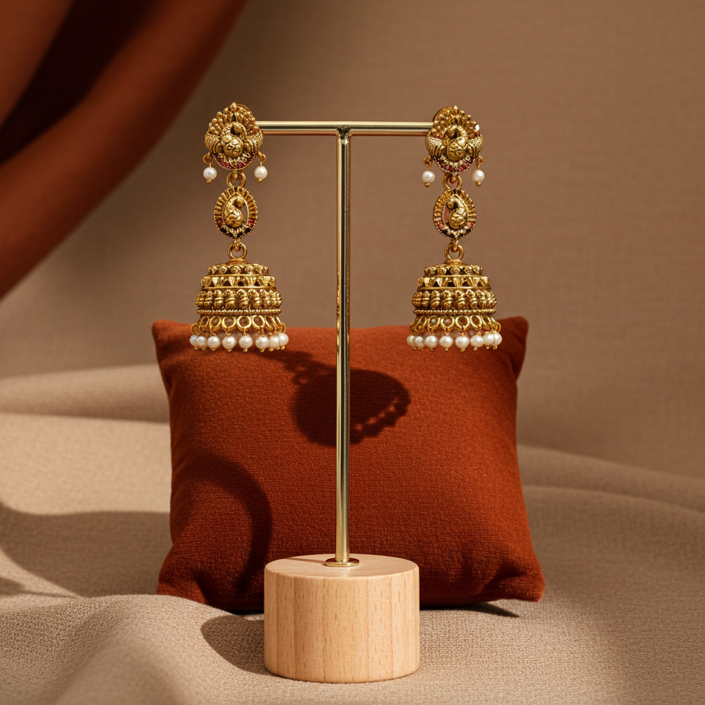 Antique Gold Pearl Jhumka Earrings