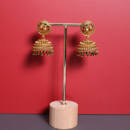 Antique Gold Jhumka Earrings with Ruby & Emerald Bead Drops