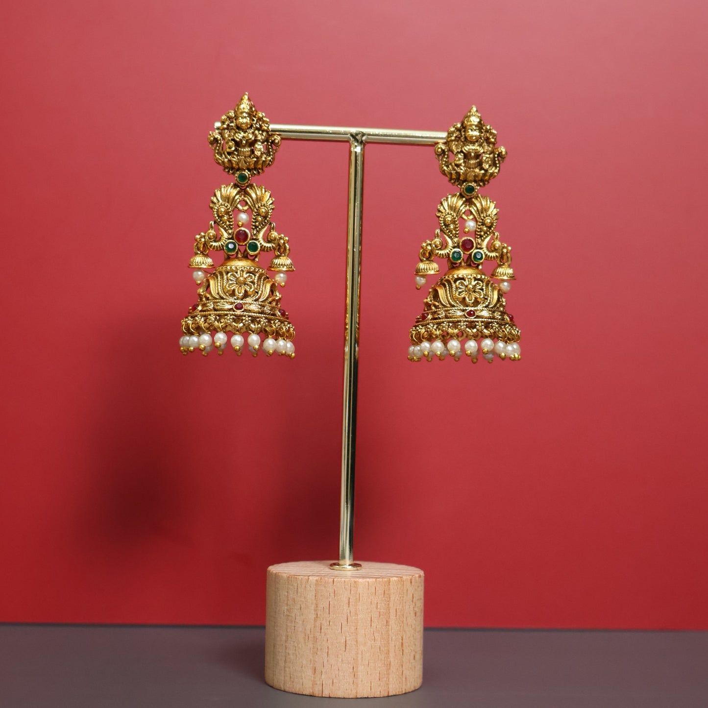Temple Peacock Jhumka Earrings with Pearl Drops