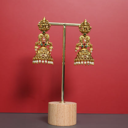 Temple Peacock Jhumka Earrings with Pearl Drops