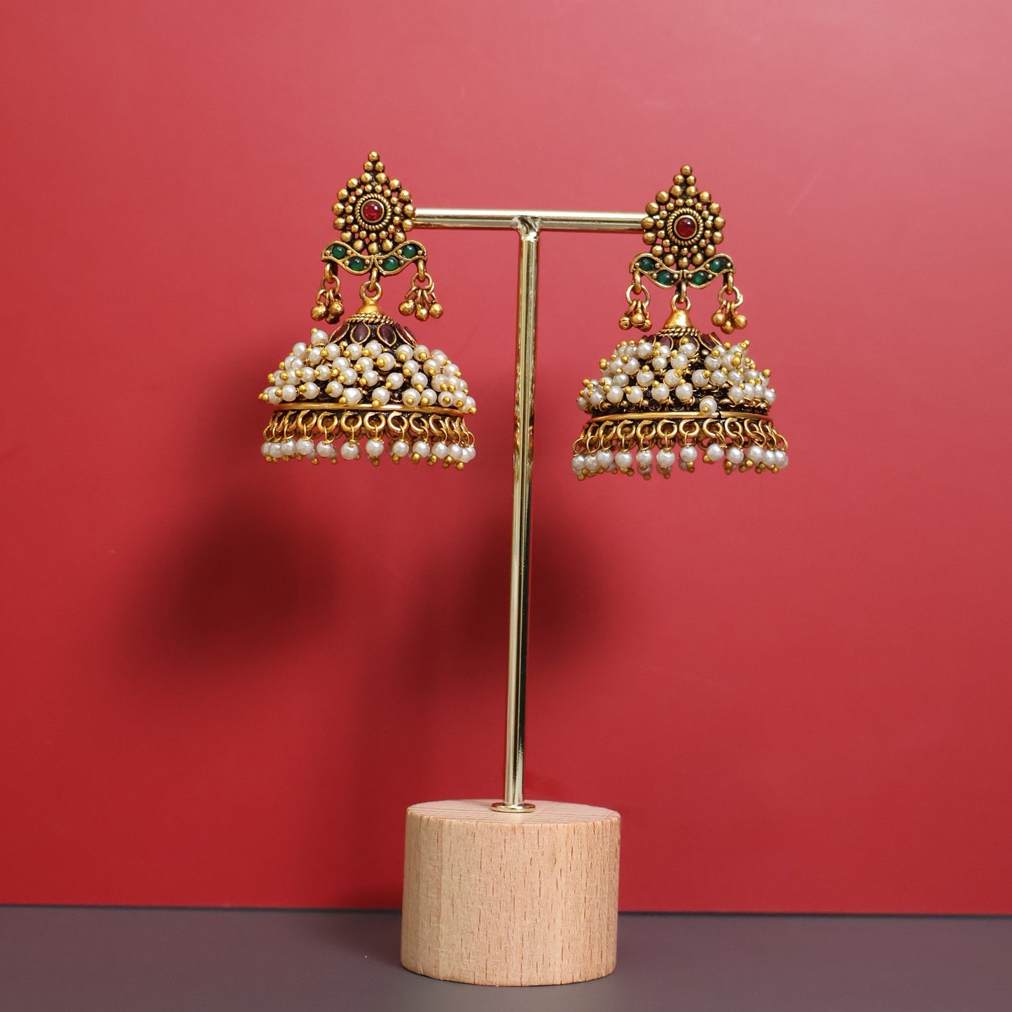 Antique Gold Pearl Jhumka Earrings with Ruby & Emerald Accents