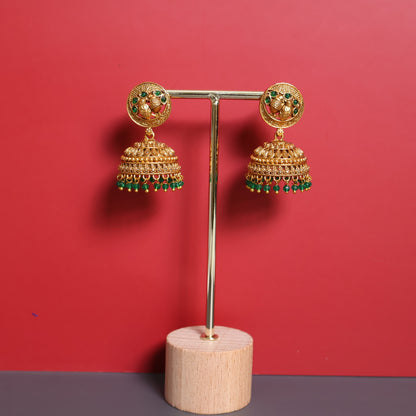 Antique Gold Jhumka Earrings with Green Bead Drops