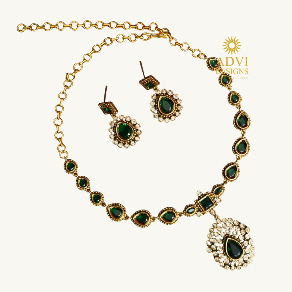 Emerald Green Teardrop Stone Necklace Set with Sparkling CZ Detailing