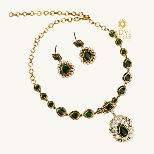 Emerald Green Teardrop Stone Necklace Set with Sparkling CZ Detailing