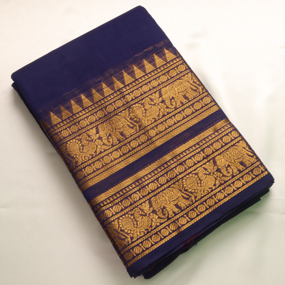 Navy Blue Kanchi Cotton Saree with Antique Gold Elephant Zari Border