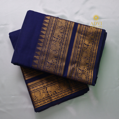 Navy Blue Kanchi Cotton Saree with Antique Gold Elephant Zari Border