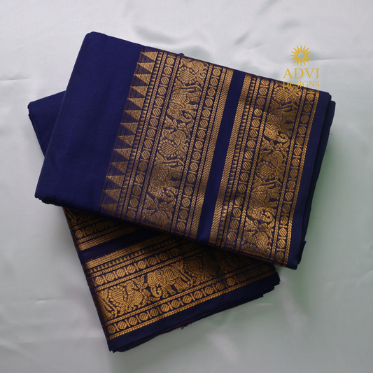 Navy Blue Kanchi Cotton Saree with Antique Gold Elephant Zari Border