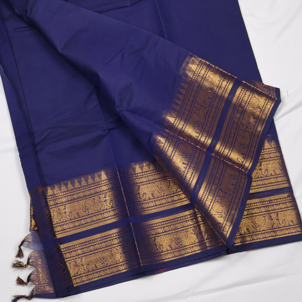 Navy Blue Kanchi Cotton Saree with Antique Gold Elephant Zari Border