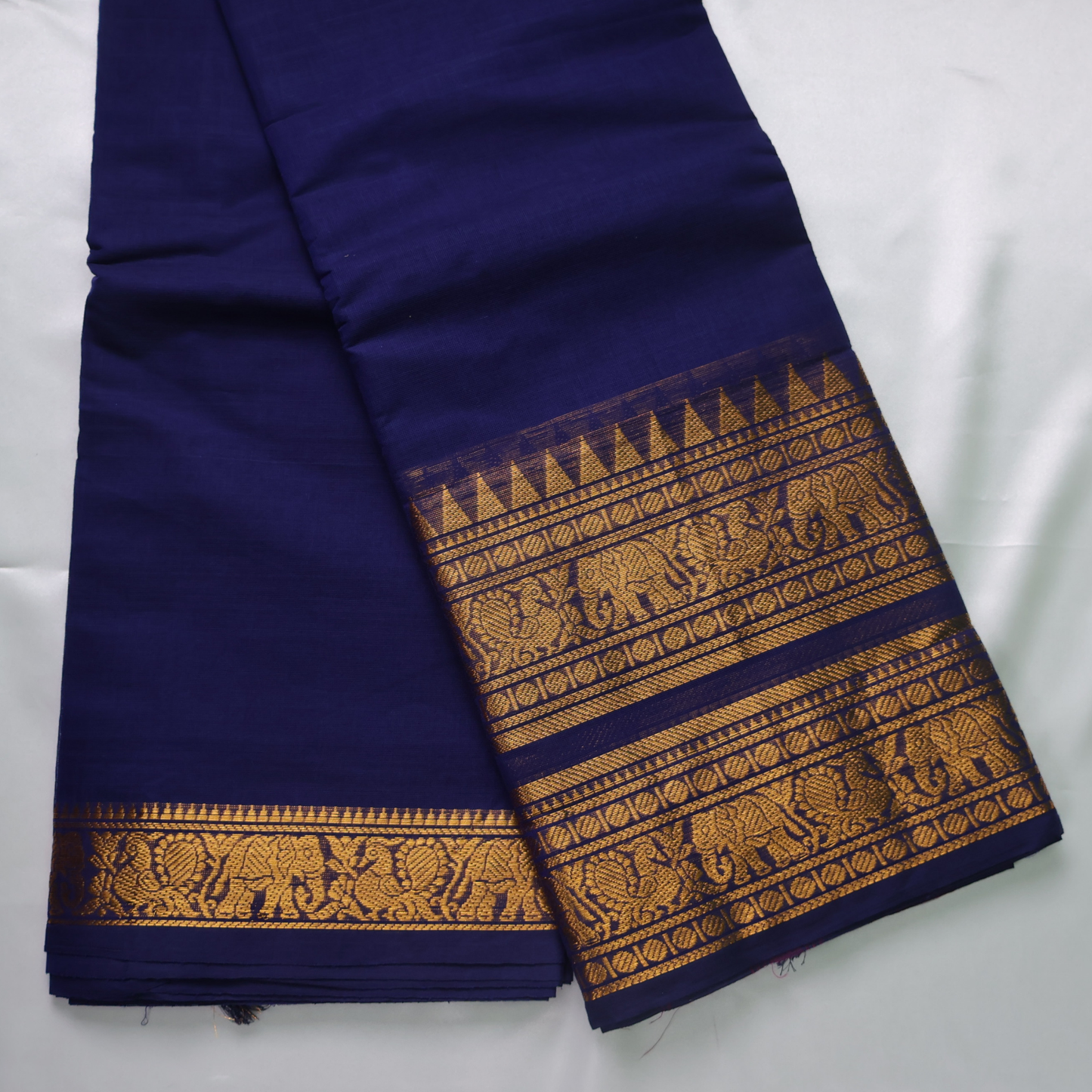 Navy Blue Kanchi Cotton Saree with Antique Gold Elephant Zari Border