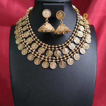 Temple Coin Layered Necklace Set with Lakshmi Jhumkas