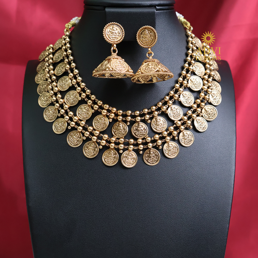 Temple Coin Layered Necklace Set with Lakshmi Jhumkas