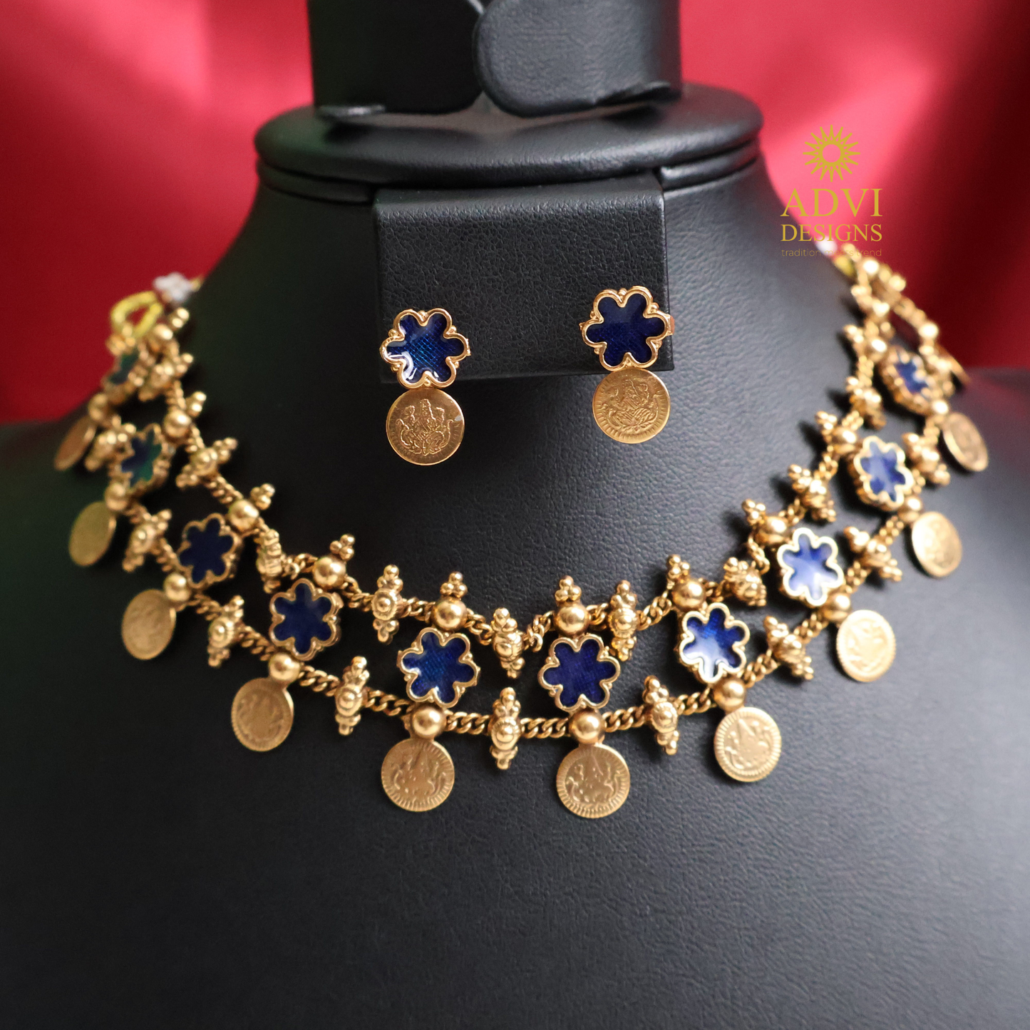 Navy Blue Floral Coin Choker Set