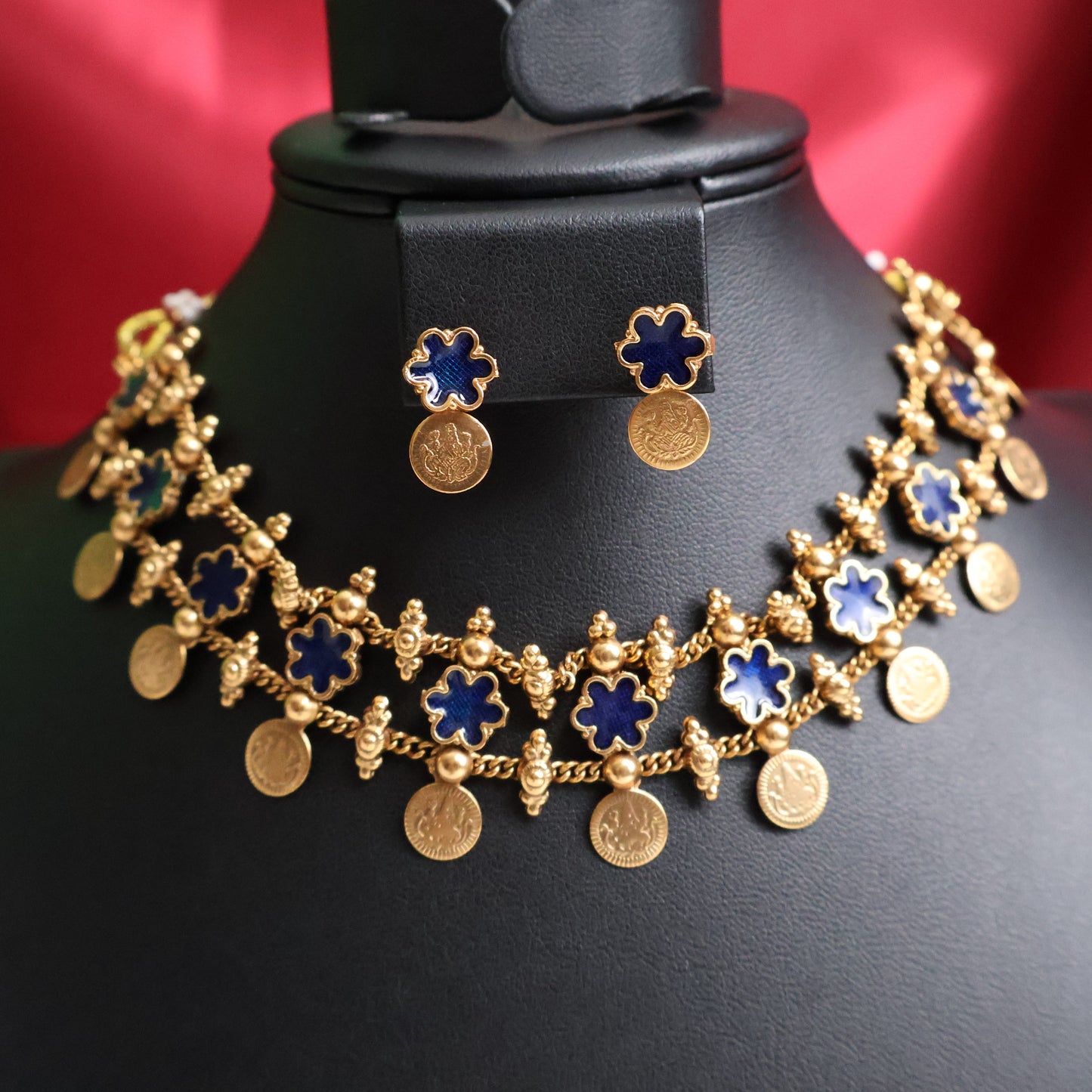 Navy Blue Floral Coin Choker Set
