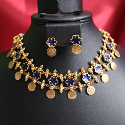Navy Blue Floral Coin Choker Set
