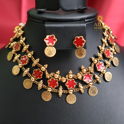 Ruby Red Floral Coin Choker Set
