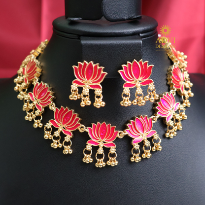 Pink Lotus Temple Choker Set with Earrings