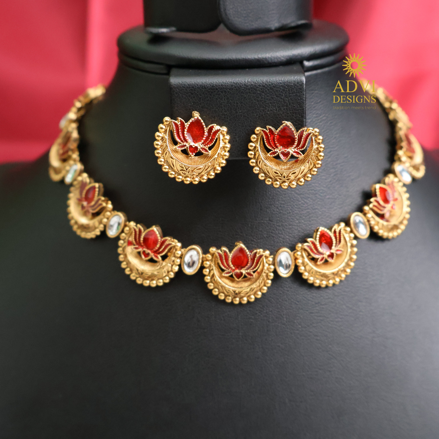 Ruby Lotus Temple Choker Set with Earrings