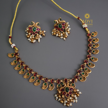 Multicolor Paisley Antique Gold Necklace Set with Pearl Drops