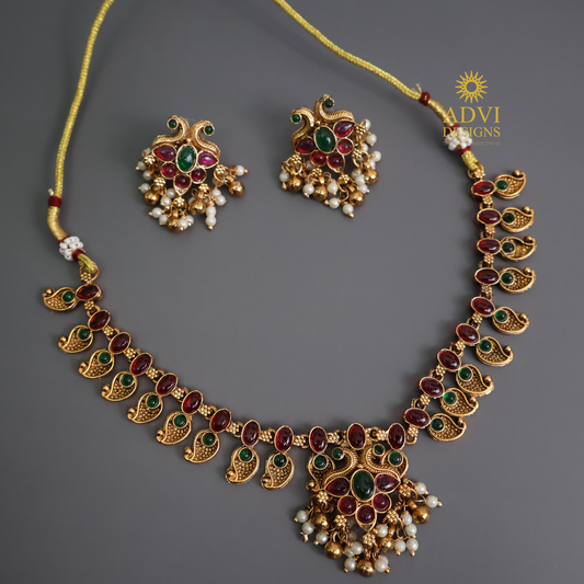 Multicolor Paisley Antique Gold Necklace Set with Pearl Drops