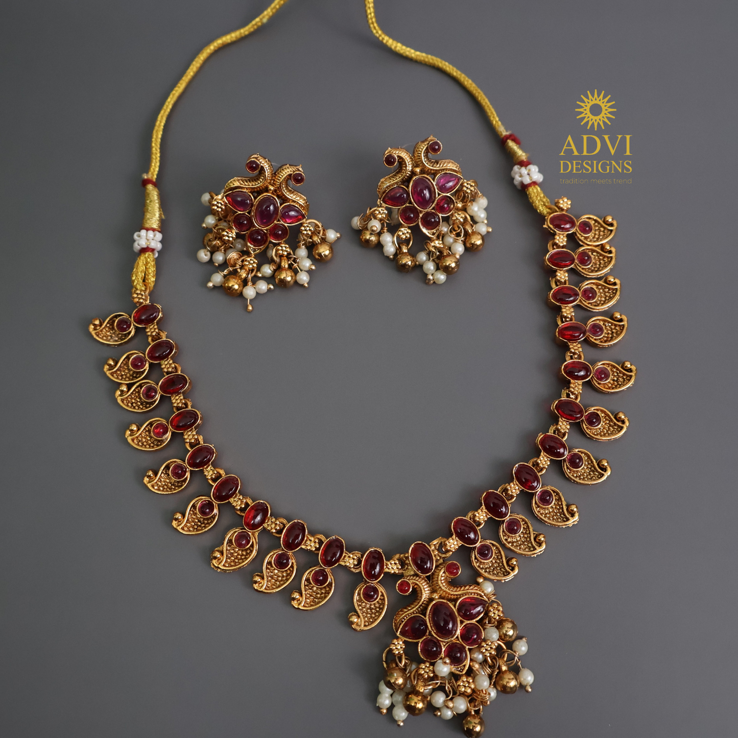 Ruby Red Paisley Antique Gold Necklace Set with Pearl Drops