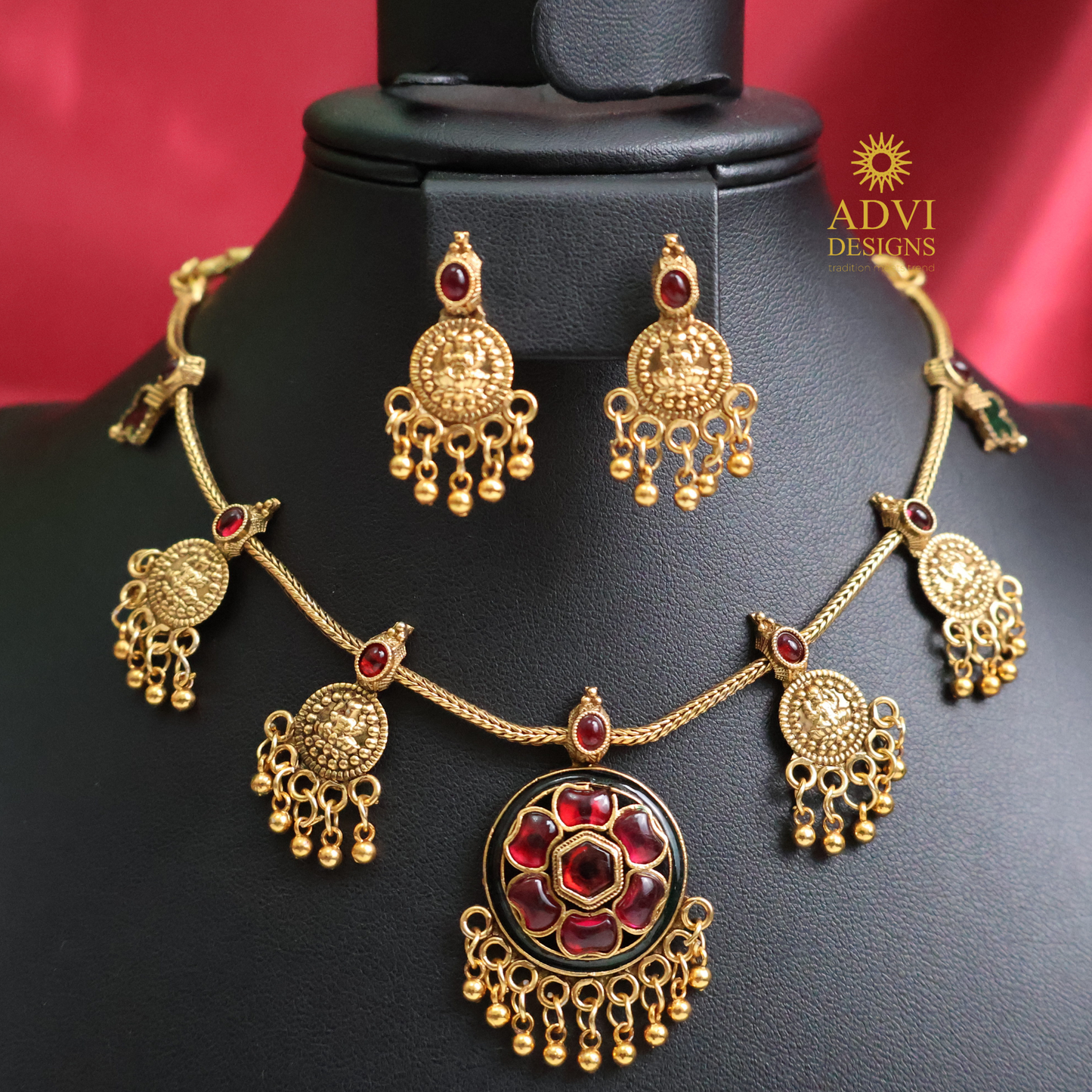 Antique Gold Temple Necklace Set with Ruby Floral Pendant & Lakshmi Coin Charms