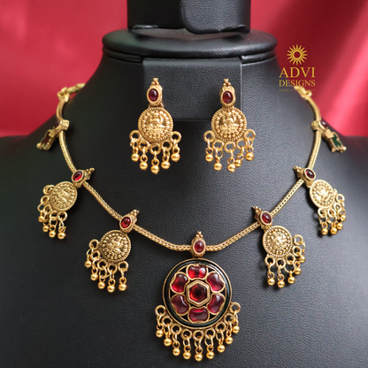 Antique Gold Temple Necklace Set with Ruby Floral Pendant & Lakshmi Coin Charms