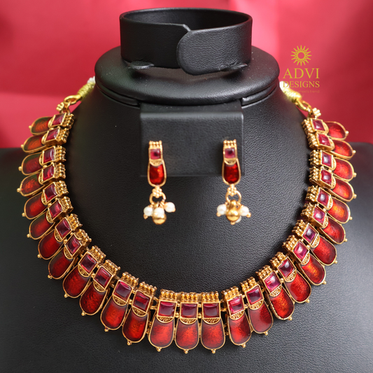 Ruby Red Antique Gold Statement Necklace Set with Pearl Drop Earrings