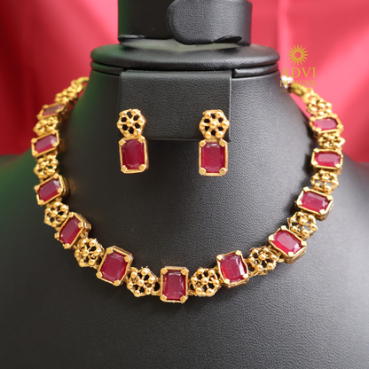 Ruby Red Antique Gold Choker Necklace Set
