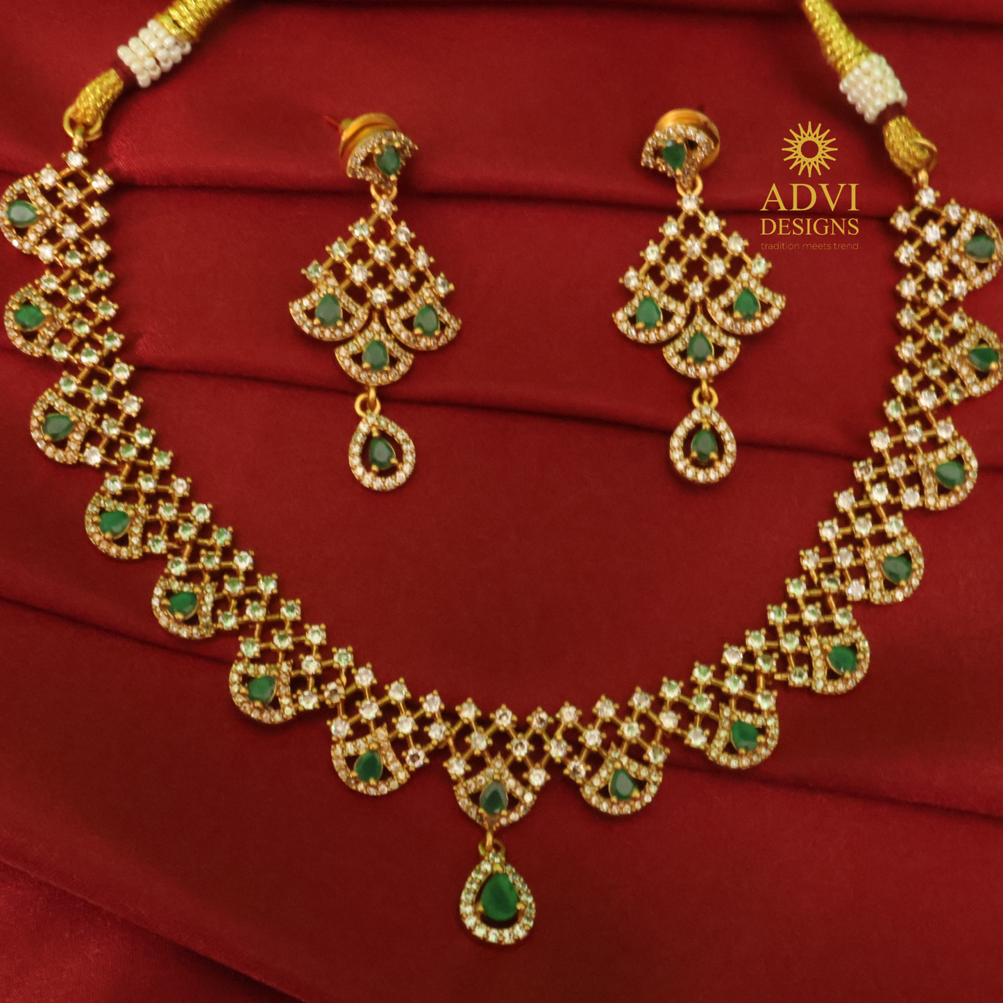Emerald Green Stone Bridal Necklace Set with Diamond Finish