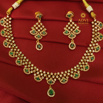 Emerald Green Stone Bridal Necklace Set with Diamond Finish