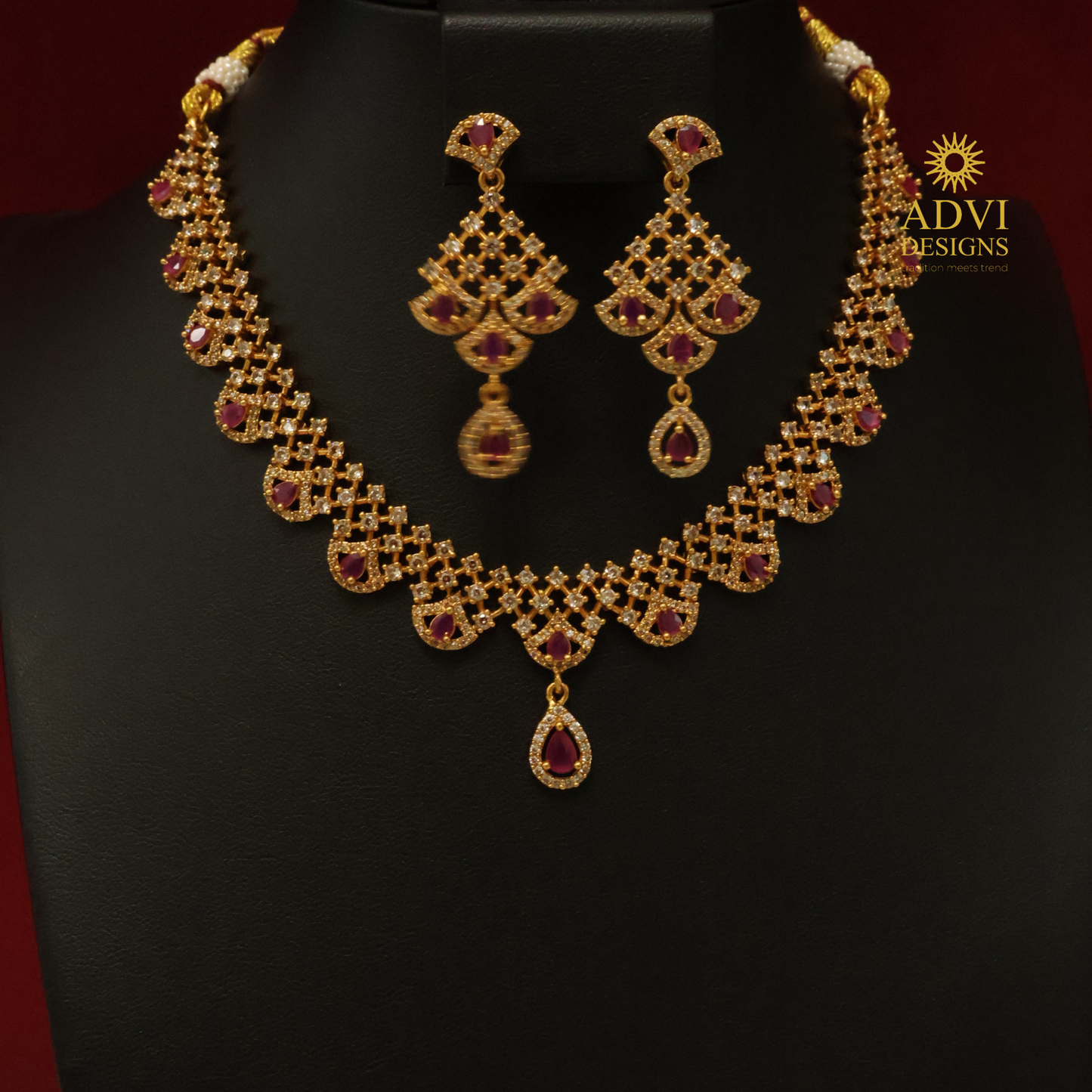 Ruby Red Stone Bridal Necklace Set with Diamond Finish