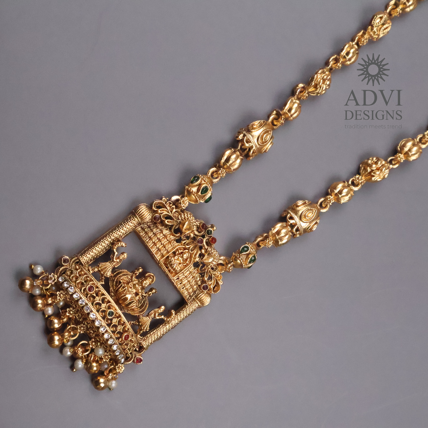 Lakshmi Temple Long Haram Necklace Set with Jhumka Earrings | Antique Gold Finish