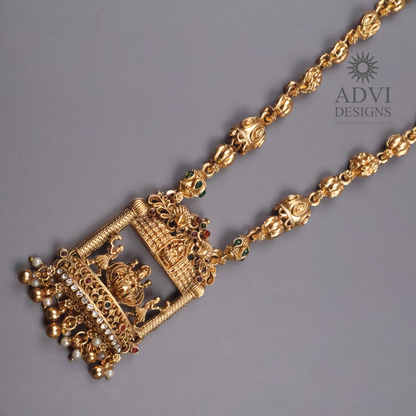 Lakshmi Temple Long Haram Necklace Set with Jhumka Earrings | Antique Gold Finish