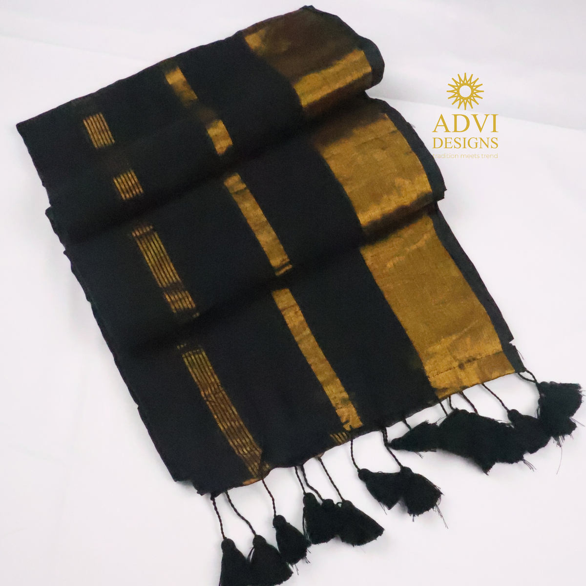 Black Mul Cotton Saree with Gold Zari Stripes