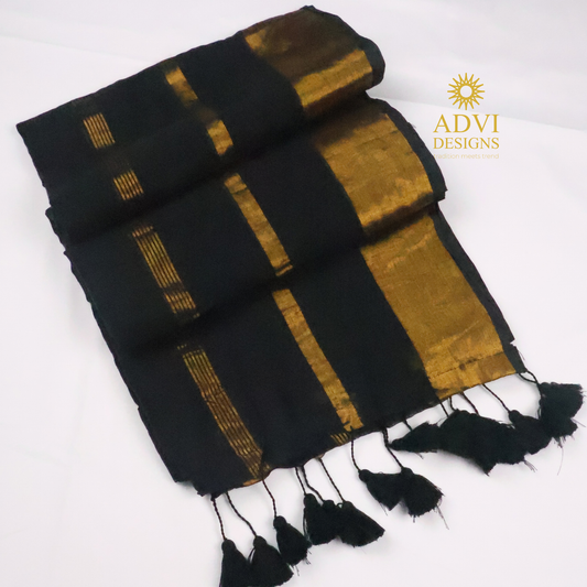 Black Mul Cotton Saree with Gold Zari Stripes