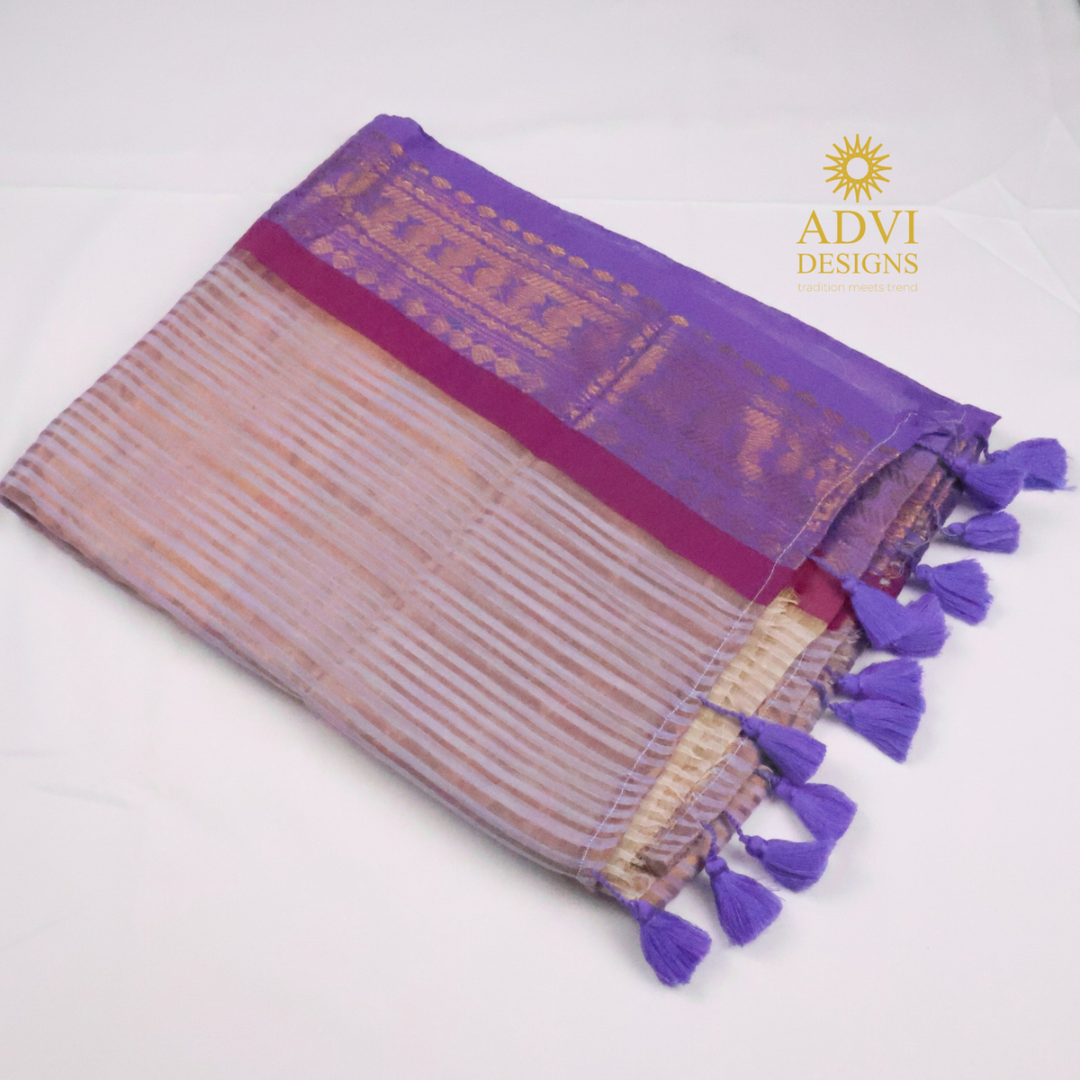 Lavender & Beige Mul Cotton Saree with Woven Zari Border