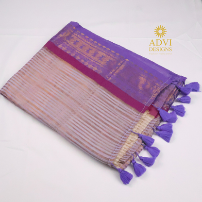 Lavender & Beige Mul Cotton Saree with Woven Zari Border