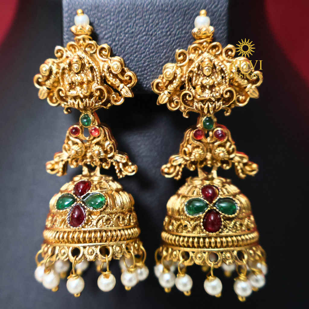 Antique Gold Lakshmi Pendant Haram with Temple Jhumka Earrings & Rose Quartz Drops