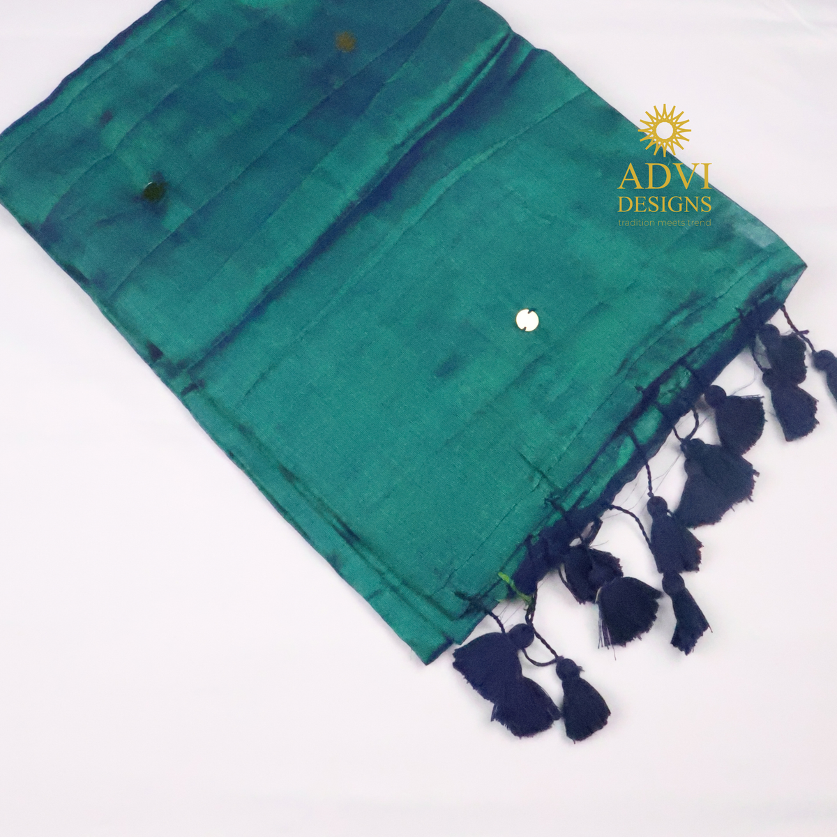 Peacock Green Gini Tissue Saree with Navy Blue Accents